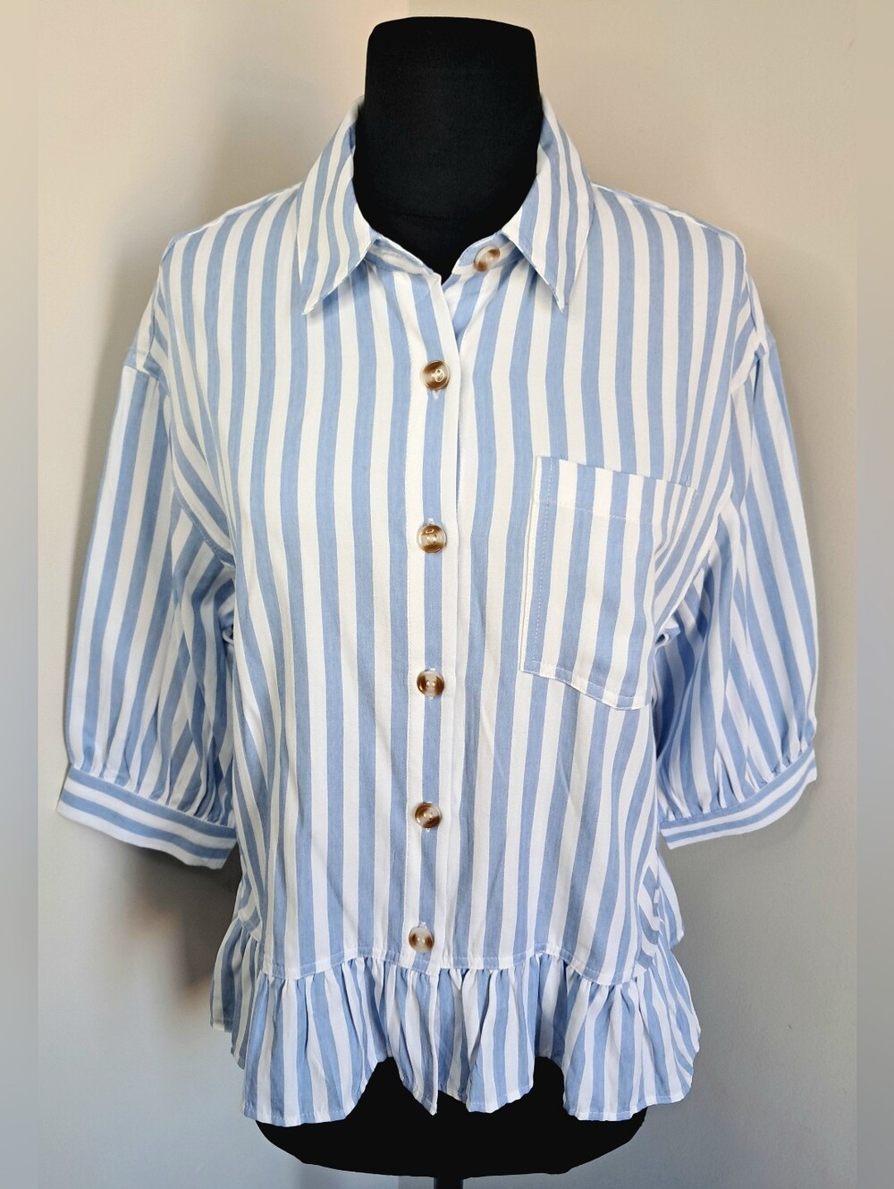 Dokotoo Women's 3/4 Sleeve Striped Casual Button Down Ruffle Hem Shirt Size M